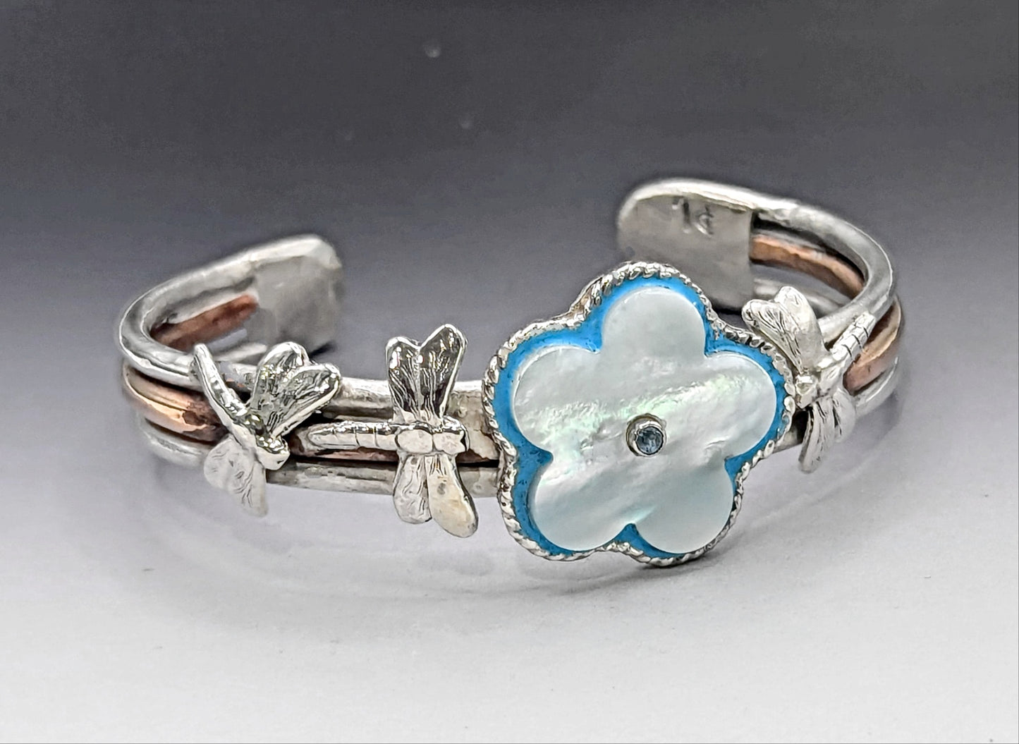Mother of pearl and sterling silver dragonfly cuff