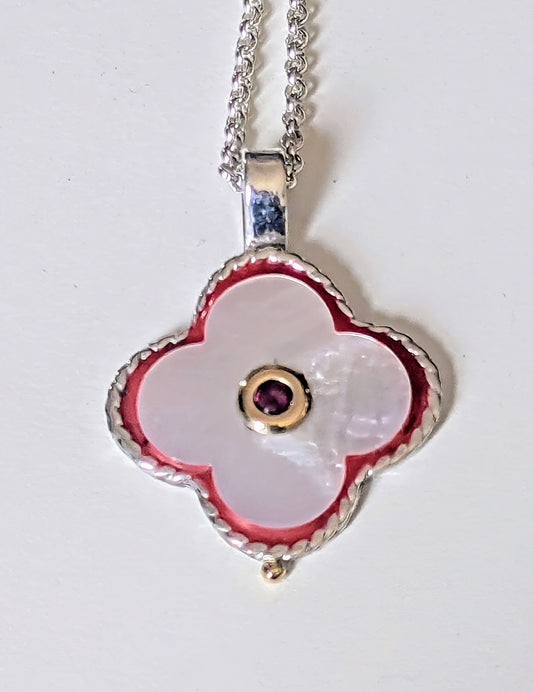 Clover white mother of pearl pendant with raspberry pink