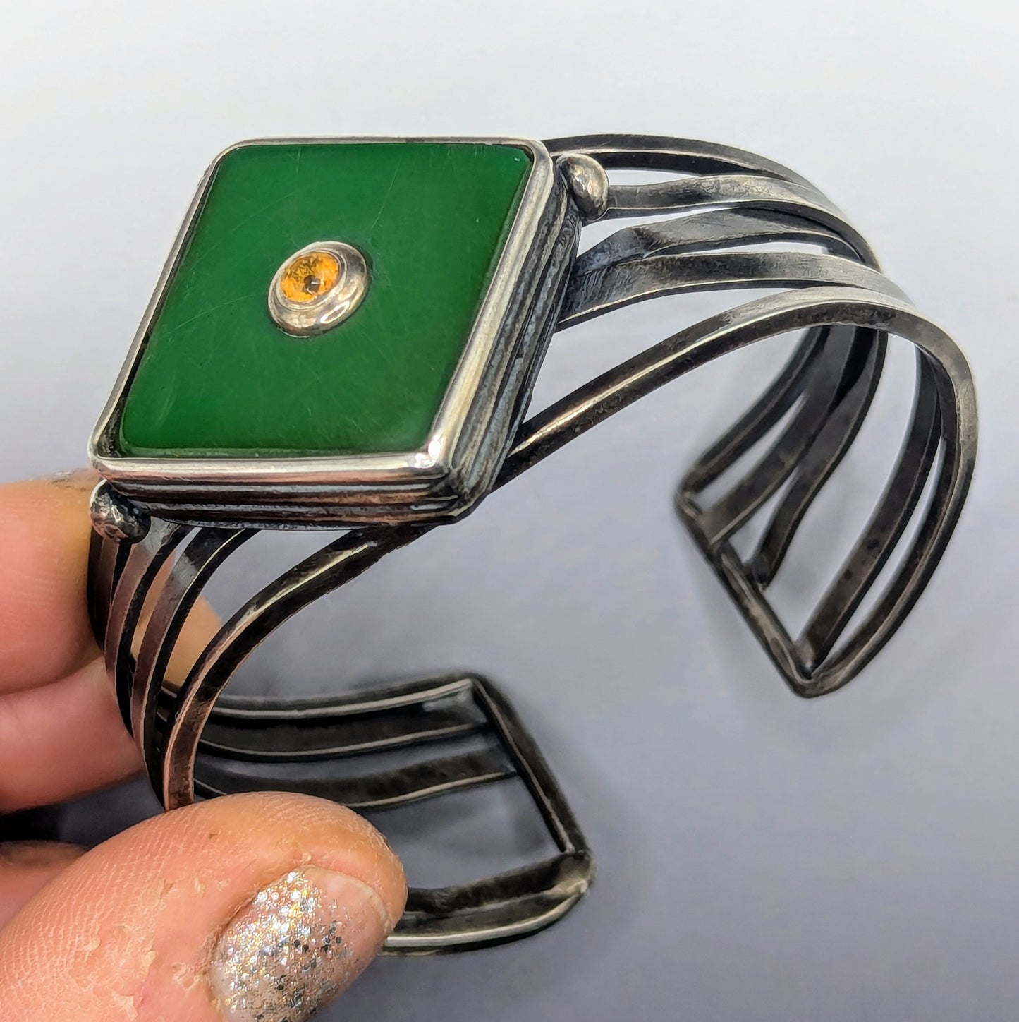 Vintage bakelite green sterling silver cuff