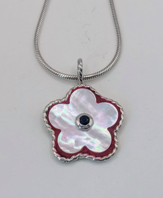 Flower pendant - mother of pearl with red border