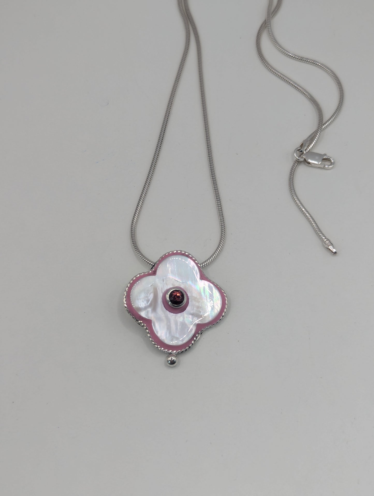 Clover white mother of pearl pendant with raspberry pink