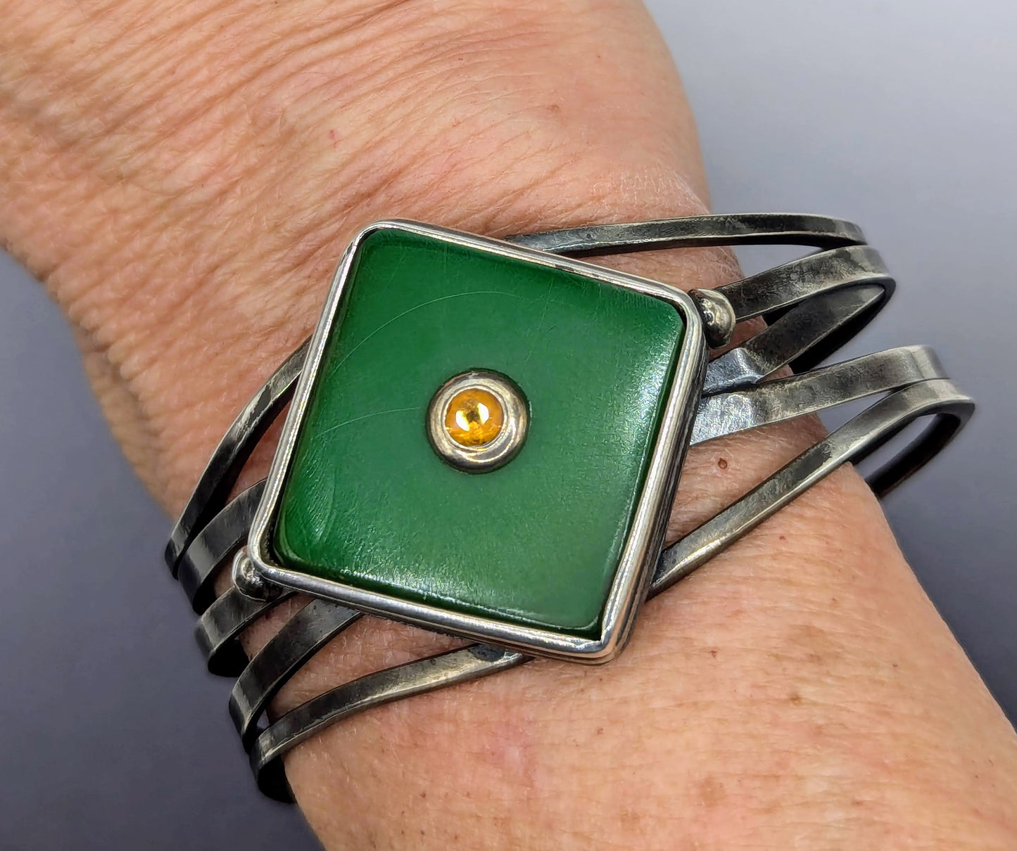 Vintage bakelite green sterling silver cuff